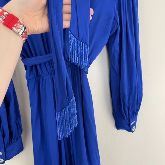 Farm Rio Cobalt Blue Knotted Waist Long Sleeve Midi Dress Size Medium - Picture 6 of 8
